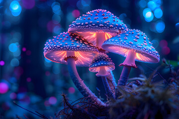 Glowing spotted fluorescent mushrooms, mystic luminescent forest