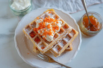 easter breakfast with waffle and powdered sugar  - 746326480