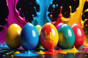 Multicolored Easter eggs with drops and splashes of paints. Black background.