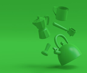 Espresso coffee machine with horn, kettle and geyser coffee maker on monochrome