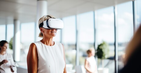 Elderly women explore virtual reality in a sunlit living room, showcasing amazement and engagement with digital innovation - obrazy, fototapety, plakaty