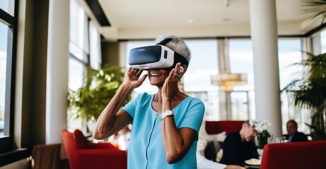 Elderly women explore virtual reality in a sunlit living room, showcasing amazement and engagement with digital innovation - obrazy, fototapety, plakaty