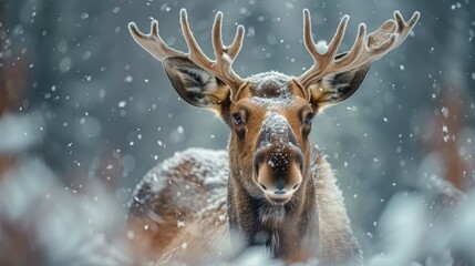 Cute moose in snow looking at us, close up. Generative AI.