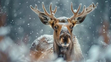 Papier Peint photo Europe du nord Cute moose in snow looking at us, close up. Generative AI.