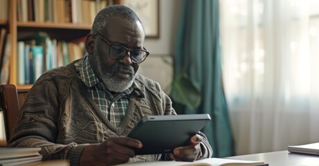 Senior man explores online news in his study.