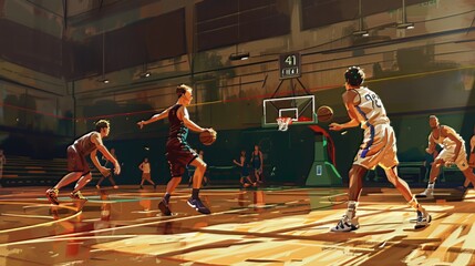 On the basketball court, a game is in progress with players vigorously striving to control the ball. --ar 16:9 --v 6 Job ID: 5828e20e-ef98-4d85-a1c1-6fa21eba4fbc