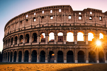Fototapeta na wymiar Majestic sunrise at colosseum, summertime. Colosseum is most landmark history, sunshine background, summer vacation. Historical architecture concept. Copy ad text space. Generative Ai