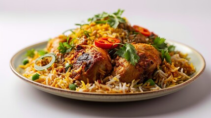  Delicious Chicken Biryani on Plate, Isolated on White Background
