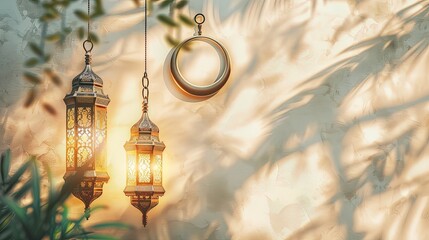 oriental colored lantern Ramadan and Crescent moon in border islamic, With White and gold color background - obrazy, fototapety, plakaty