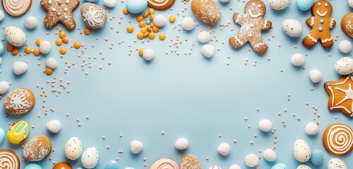 Top view of amusing gingerbread, chocolate eggs, candies, and sugar sprinkles on a light blue background
