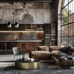 An elegant kitchen in an aged industrial style for sophisticated loft style lovers. High resolution.