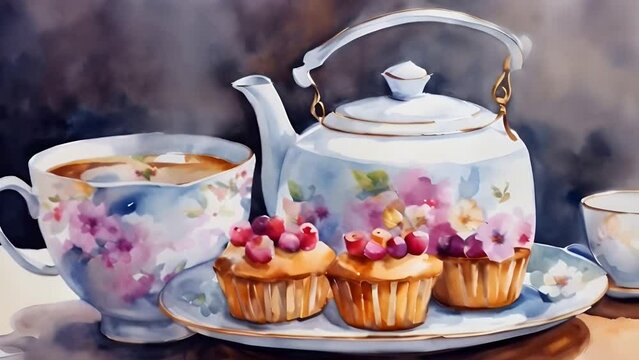 Tea still life with steaming hot tea, teapot and cakes illustration digital art