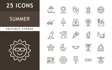 summer icons collection. holiday, travel, vacation, tropical, season icons set. vector illustration. editabel stroke