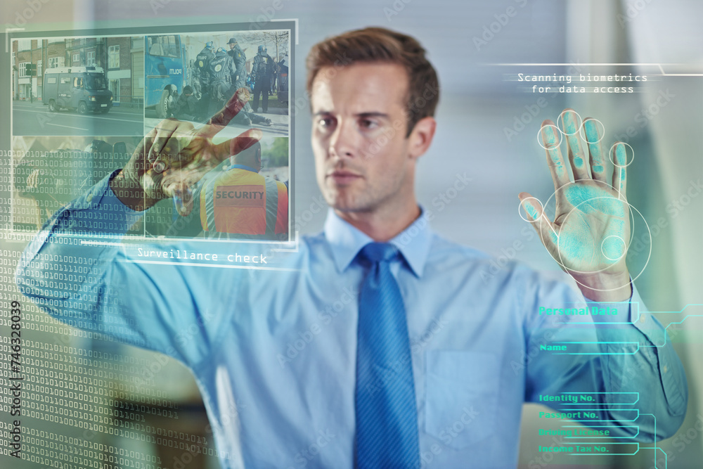 Poster hands, surveillance or businessman with biometrics scan, hologram or overlay for safety or security.