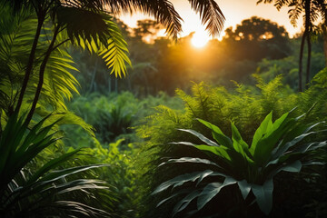 Abstract jungle at sunset background