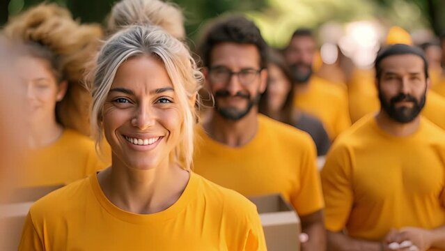 A joyful group of volunteers with grey hair and cheerful expressions carrying donation collection boxes during a charity walk to support orphaned children.