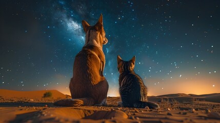 Dreamscape Portraiture of Cats and Dogs Staring at the Milky Way in the Desert