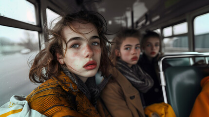 Three contemplative girls riding a bus, peering outside as the city passes by