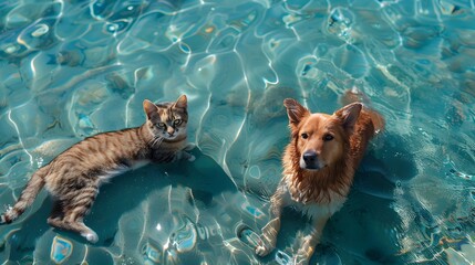Playful Cats and Dogs Swimming in Clear Blue Waters