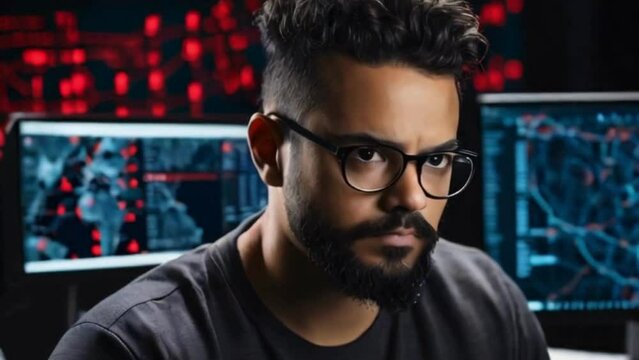  the face of a cybersecurity expert analyzing network vulnerabilities, with multiple monitors showing lines of code and security alerts behind them
