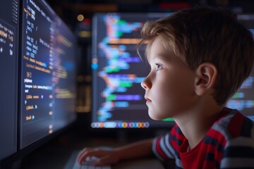 Fototapeta premium Young boy coding intently on a computer in the room at home