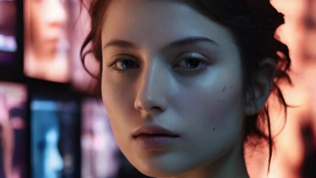  the close-up of a person's face illuminated by the soft glow of multiple screens, showcasing the allure and addiction of digital media consumption in contemporary society.