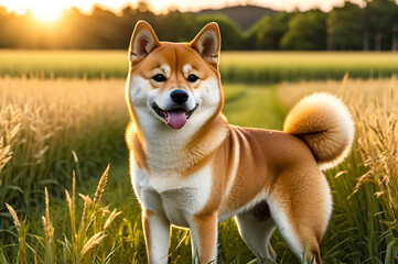 Serene shiba inu dog in field at golden hour, tongue out. Portrait of beautiful Shiba inu dog standing at sunrise in summer, outdoors. Dogs illustration concept. Copy ad text space. Generated Ai