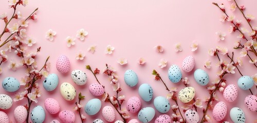 Stylish background with colorful easter eggs isolated on pink pastel background with blooming cherry branches. Horizontal long banner for web design. Flat lay, top view, mockup, overhead, template - obrazy, fototapety, plakaty