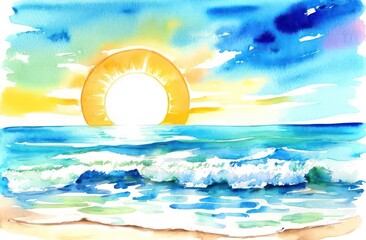 Watercolor sunset sea banner. Concept of travel, vacation, tourism - obrazy, fototapety, plakaty