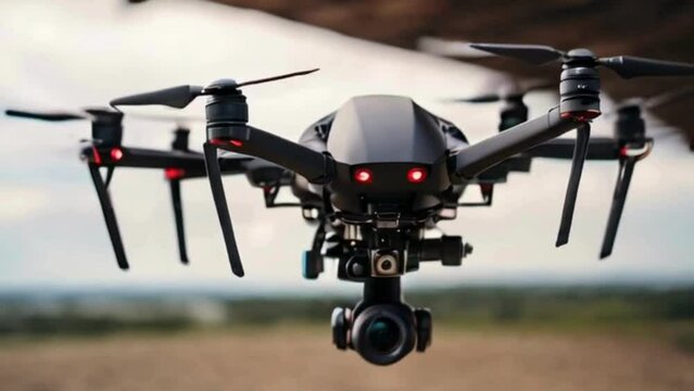 the close-up of a drone hovering in the sky, its camera lens focused on capturing aerial footage, representing the intersection of technology and cinematography in modern filmmaking
