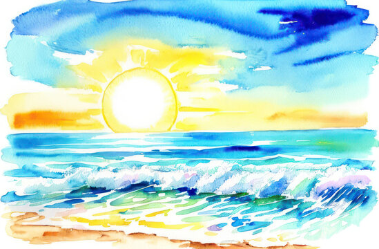 Sunset on the sea, wave, illustration, watercolor painting