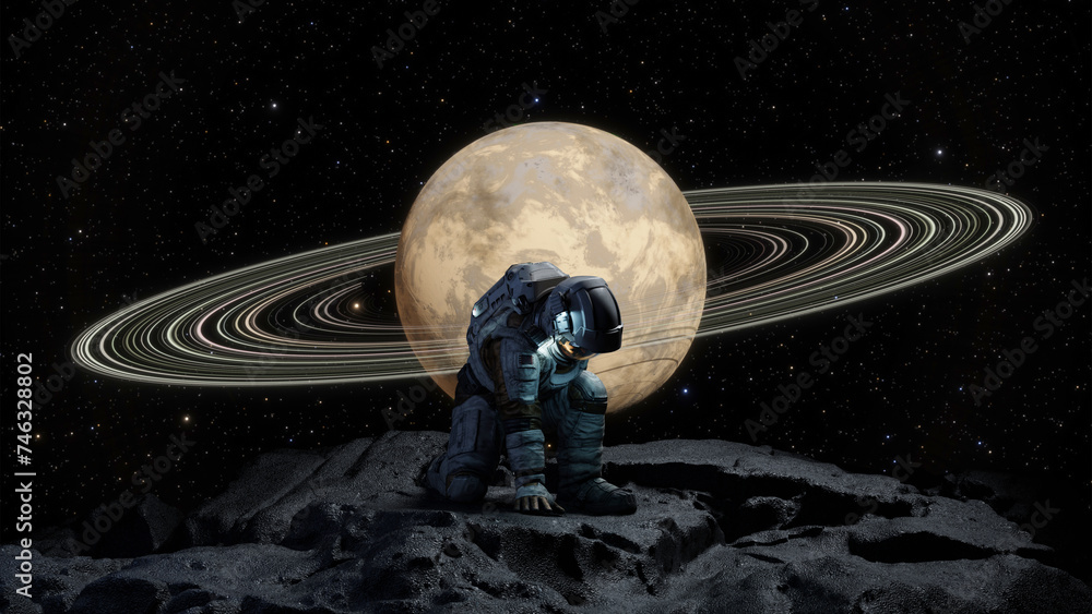 Poster space astronaut explores distant planet. cosmonaut in a spacesuit touches the ground of an asteroid.