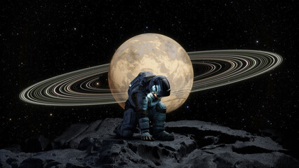 Space astronaut explores distant planet. Cosmonaut in a spacesuit touches the ground of an...