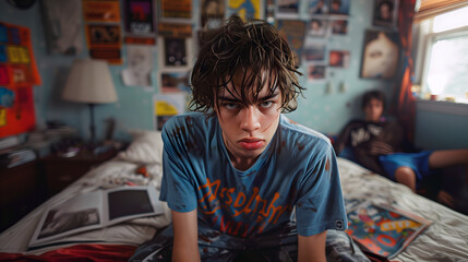Obraz premium Sulking teenager with greasy hair sitting in a cluttered, dirty room. Boy in background