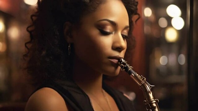 Within the intimate ambiance of a jazz club, a saxophonist's face exudes soulful expression with each melancholic melody  bathed in the warm glow of stage lights and enveloped by the smooth rhythm of 