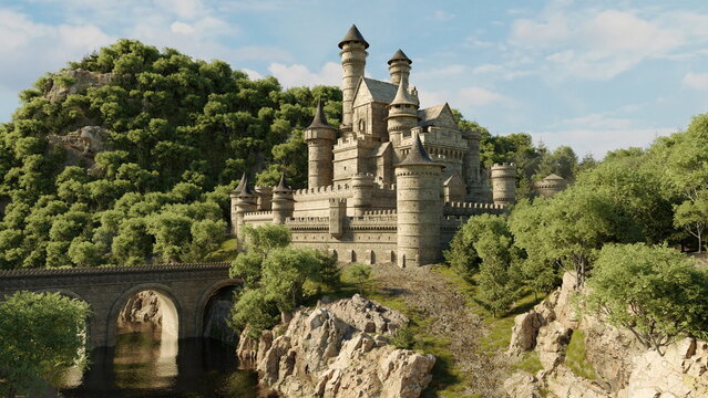 Elaborate castle with spires and turrets perched atop a cliff, a bridge spanning over water, encircled by lush trees. 3d render
