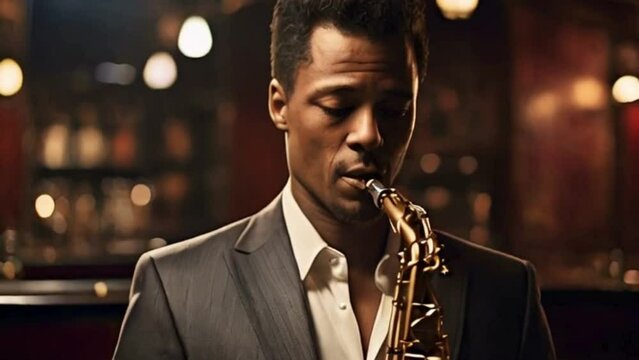 Within the intimate ambiance of a jazz club, a saxophonist's face exudes soulful expression with each melancholic melody  bathed in the warm glow of stage lights and enveloped by the smooth rhythm of 