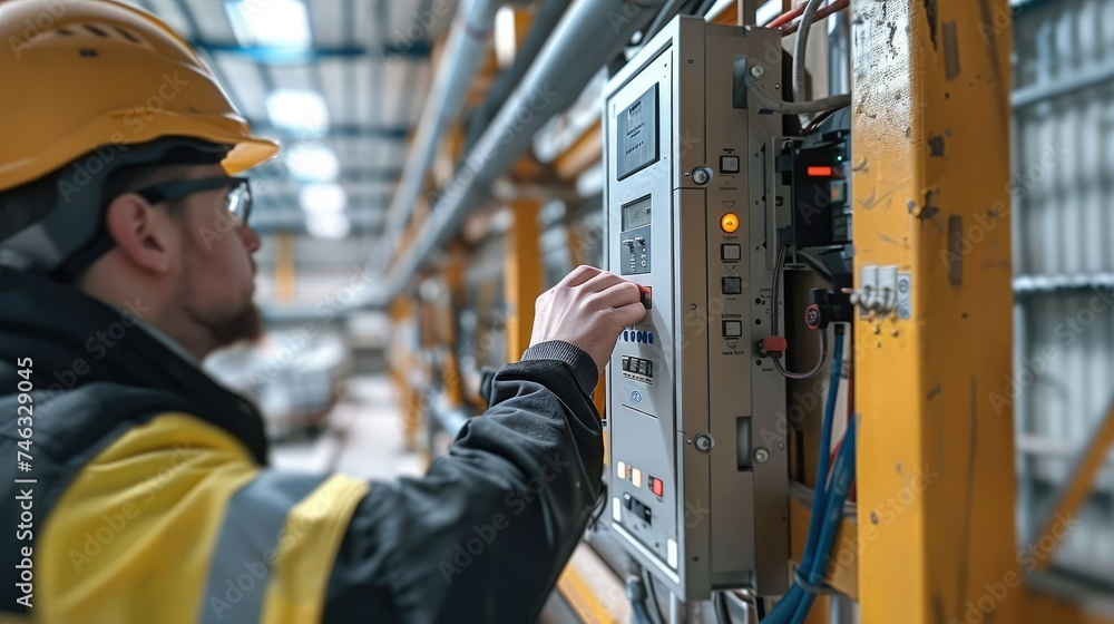 Poster a technician installing an energy meter for at a large factory warehouse. generative ai.