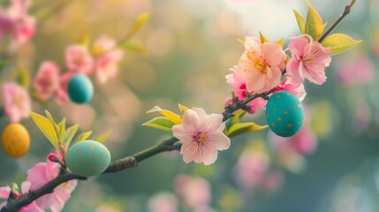 Stylish background with colorful easter eggs hanging on blooming plum tree branches 