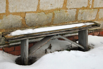 an old bench against a brick wall
