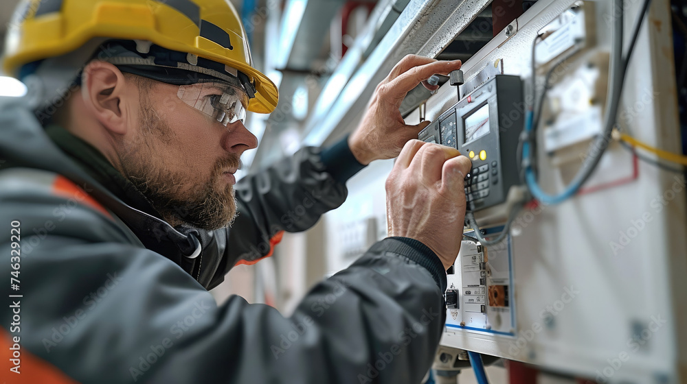 Aufkleber a technician installing an energy meter for at a large factory warehouse. generative ai.