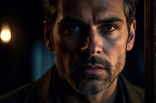 Close-up dramatic portrait of a mysterious man with intense gaze and enigmatic expression, hidden in the shadows, creating a moody and suspenseful thriller scene