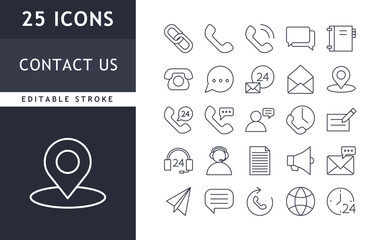 Contact us icons collection. communication, connection, email, chat, phone, location icons set. vector illustration. editable stroke