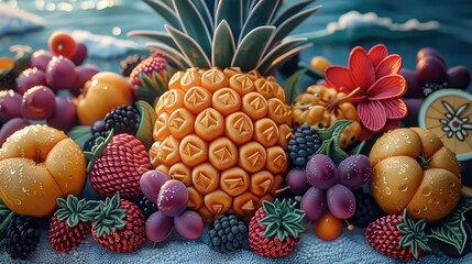 Naklejka na ściany i meble Summer tropical fruit 3D embroidered. Generative AI.