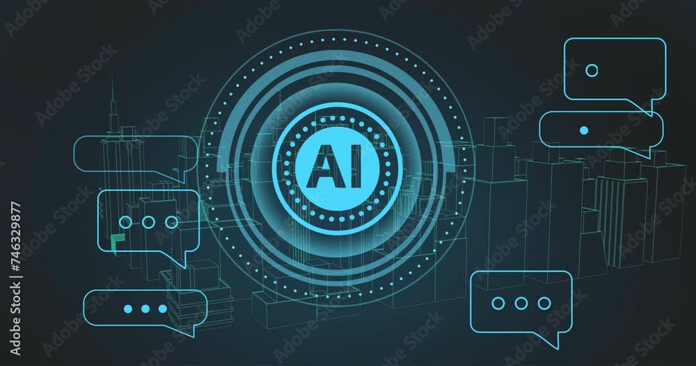 Poster animation of ai text, scope scanning and data processing over black background