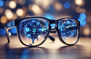 Artificial intelligence on pair of digital eyeglasses overlaid with AI symbols