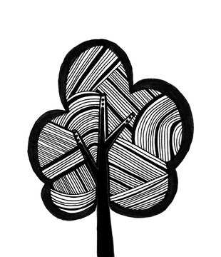 recommend clip art: Decorative tree isolated on white background. Black outline drawing in doodle style. A simple trunk. The crown has thick conure, the inside is filled with strokes and stripes in different directions.