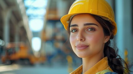 Arab female engineer with wearing yellow hard hat helmet. Generative AI.