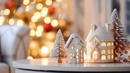 Fotobehang Christmas toy house home decor, country cottage style house decoration for an English countryside home, winter holiday celebration and festive atmosphere, Merry Christmas and Happy Holidays © Anneleven