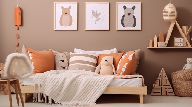 Fototapeta Jasny przytulny pokój dziecka w stylu boho - dekoracje na ścianie. Ramki na obrazy lub plakaty. Beżowe kolory wnętrza. Render 3d. Wizualizacja 